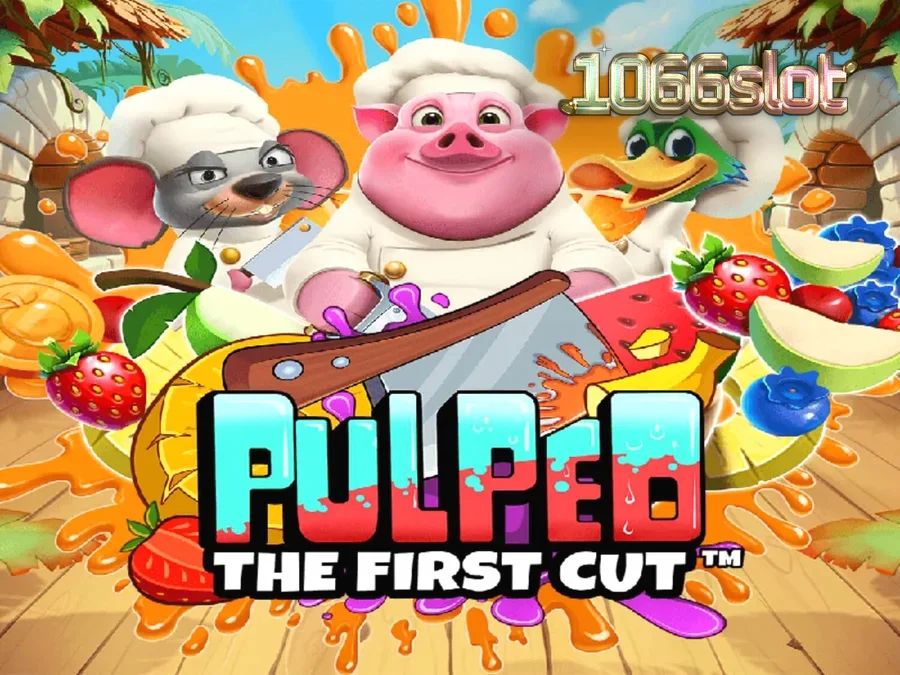 Tampilan visual slot Pulped: The First Cut dengan tema dapur tropis yang penuh warna.